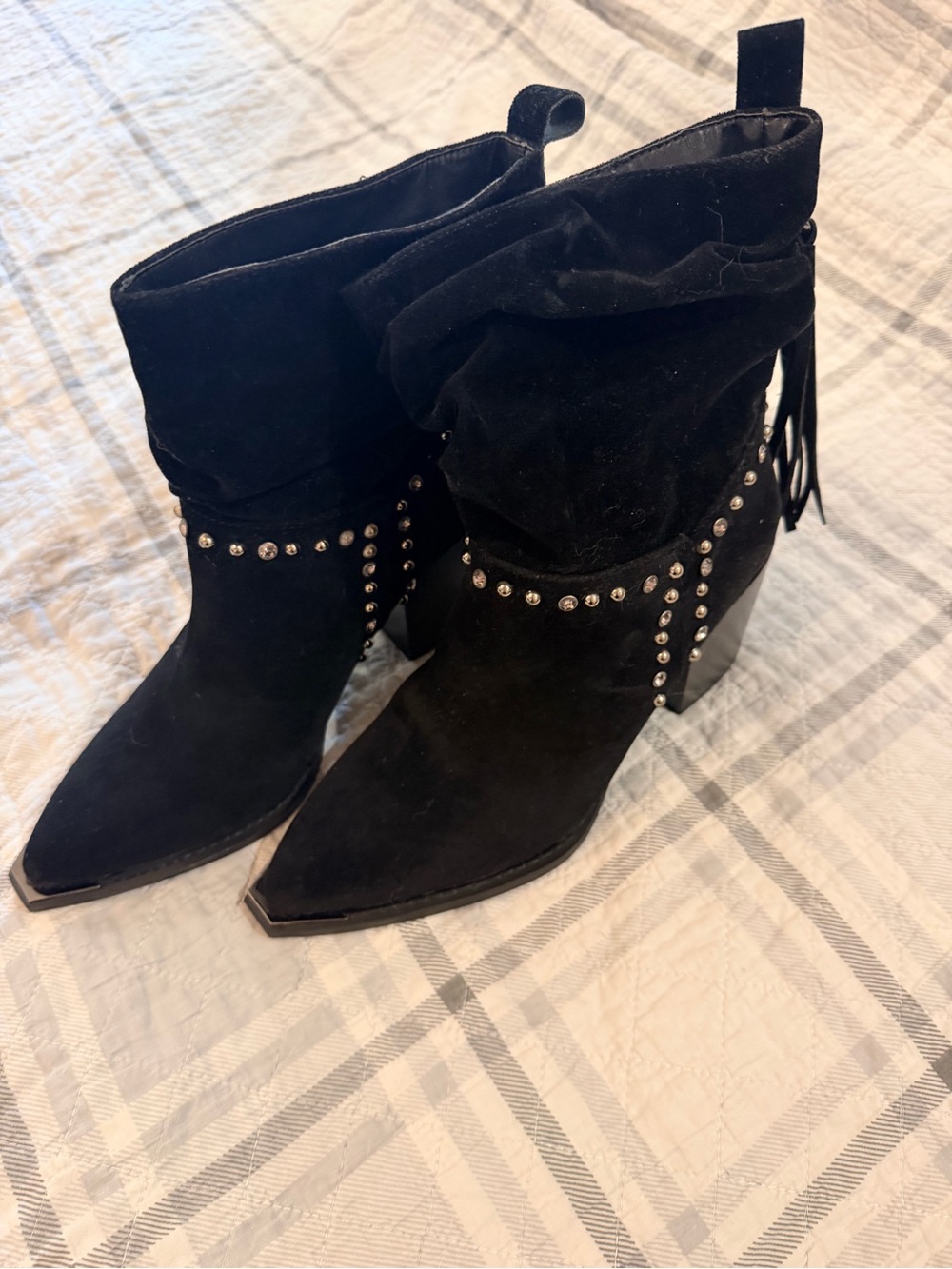 VENUS Black Suede Fringe Ankle Boots with Silver Studs